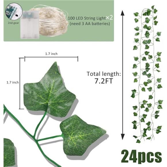 Artificial Ivy Fake Vines, 173 FT with 200 LED String Light, Greenery Garland - Picture 2 of 7